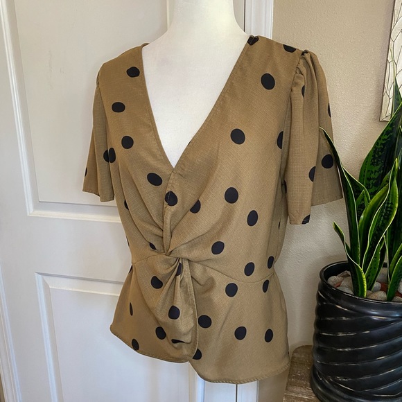 OLM Polka Dot Twist Front V Neck Blouse - Picture 2 of 11